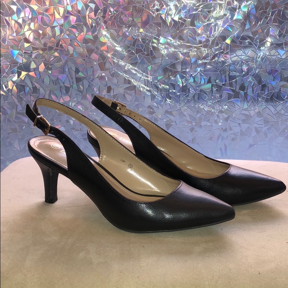 Black kitten heel sling backs
